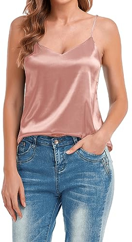 VIDUSSA Damen V-Ausschnitt Satin Cami Tank Top Seidentop Shirt Ärmellose Blusen Sommer Oberteile Rosa XL