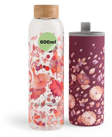 waterdrop® Flasche aus Glas 600ml - Trinkflasche Kohlensäure geeignet & spülmaschinenfest - auslaufsichere Wasserflasche mit Neoprenhülle - Borosilikat Glasflasche mit Schraubverschluss