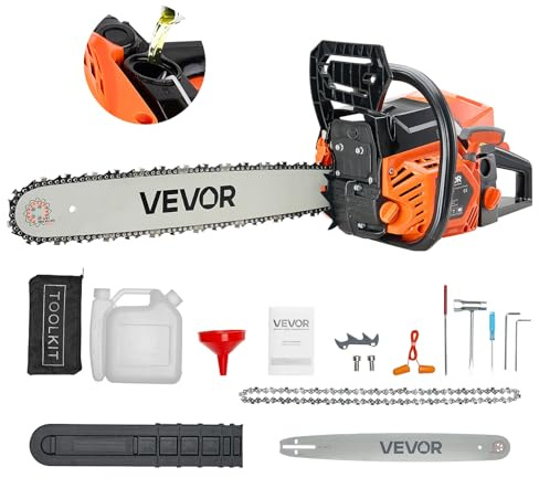 VEVOR 62cc Benzin-Kettensäge, 508 mm Motorsäge, 3,6 PS starke Säge mit rutschfestem Griff, zwei Kraftstofftanks & Not-Aus-Funktion, max. 11800 U/min, zum Holzfällen, Baumbeschneiden & Roden