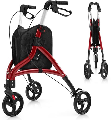 COSTWAY Rollator schmal für Wohnung, Dreirad, faltbar und leicht, Gehhilfe 6-fach höhenverstellbar, Gehwagen mit Tasche & Bremse, Aluminiumrahmen, klappbar für Senioren & Erwachsene (Rot)
