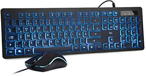 Rii Gaming Tastatur und Maus Set mit Kabel, 3 LED Hintergrundbeleuchtung QWERTZ (DE-Layout), Kabelgebundene Tastatur mit Maus für PC, Computer, Laptop, Schwarz