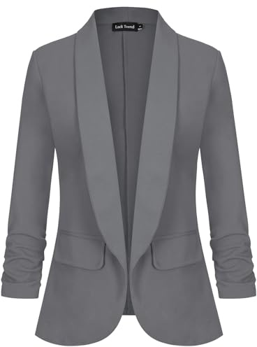 LADI TREND Blazer für Damen, vorne offen, 3/4-Ärmel, gerüschte Ärmel, Jacke, Anzug, einfarbig, Arbeit, Büro, Oberbekleidung, Pattentaschen
