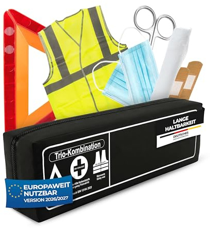 Thomatex® KFZ Kombitasche (3in1) 2026/2027 [DIN 13164-2022] – Lange Haltbarkeit – Erste-Hilfe-Set mit Warndreieck & Warnweste – Schwarz