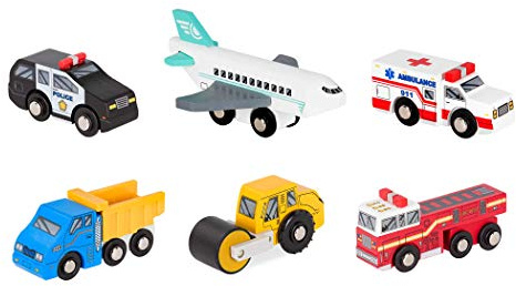 Battat - Holzfahrzeuge Set 2 - Miniatur-Spielzeugautos - 6-teilige Holz-Minis - Klassische Rettungs- und Baufahrzeuge - Dampfwalze, Muldenkipper - 3 Jahre +