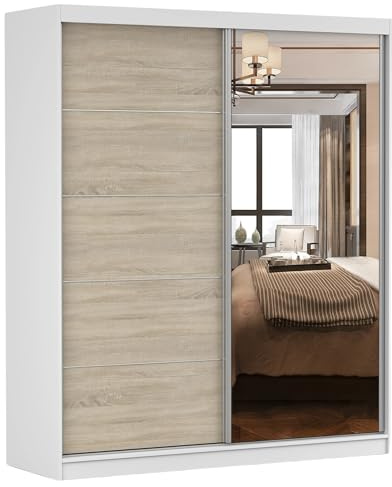 Fabryka Mebli Idźczak Schwebetürenschrank Breite 183 cm mit Spiegel, Kleiderschrank Weiß/Sonoma Eiche mit Schwebetüren, Kleiderstange und Einlegeböden, viel Stauraum, Maße B/H/T 183 x 218 x 61 cm