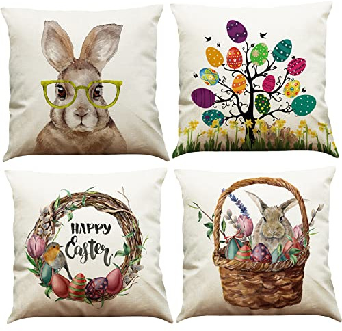 BINXWA 4 Stück Kissenbezug Ostern,Osterdeko Modern Baumwolle Leinen Ostereier Häschen Kissenhülle Kissenbezug 45 x 45cm