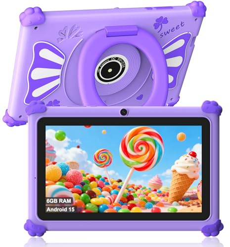 ascrecem Kinder Tablet 7 Zoll Android 15 Tablet Kinder mit 2.4G+5G WiFi6 Penta Core 6GB RAM 32GB ROM Kindertablet Widevine L1 Dual Kamera 128GB Erweiterun Kindersicherung Lernspiele (Lila)