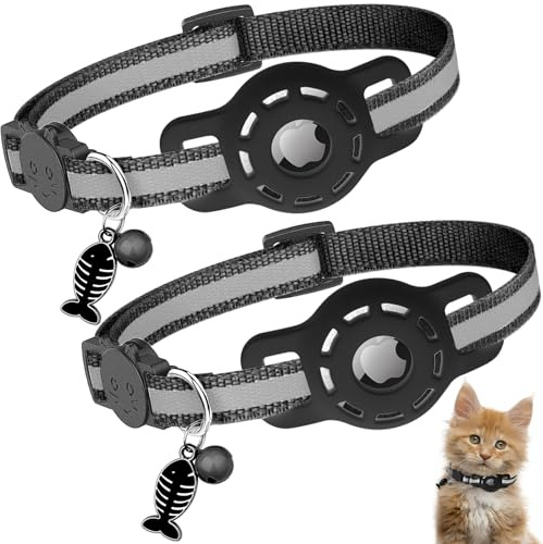 Diyife Katzenhalsband Kompatibel mit Airtag, [2er Pack] Reflektierend GPS Leichte Tracker Katzenhalsbänder mit Airtag Hülle, Schnellverschluss, Glöckchen, 20-33 cm Verstellbar für Katzen, Schwarz