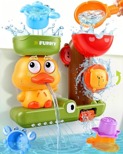 Badewannenspielzeug Baby ab 1 Jahr, Badespielzeug mit Wasserrad & Bechern | Wasserspielzeug Kinder mit Wasserrad, 3 Stapelbecher & Löffel, starke Saugnäpfe, batterielos, Geschenk Junge Mädchen
