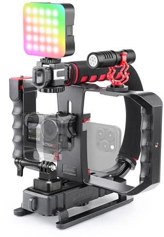 Zeadio All-in-One Video-Rig-Kit, Handheld Stabilisator mit Smartphone-Cage, RGB-Videoleuchte, Mikrofon, Action-Kamera-Adapter, kompatibel mit Smartphones, Action-Kameras, DSLRs und anderen Kameras usw