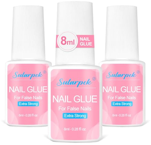 Sularpek Nagelkleber, 3 Stück 8 ML Nagelkleber für Tips, Nagelklebers für Kunstnägel, Extra Stark Nail Glue mit Pinsel, Professionelle Nagelklebers, für Kunstnägel, Falsche Acrylnägel, Naturnägel
