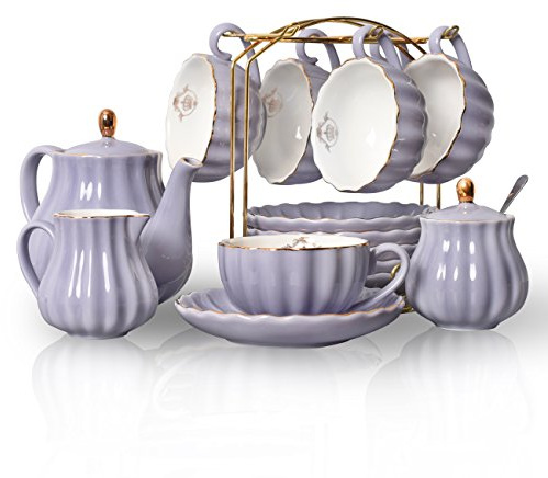 Sweejar Home 22 Stück Europäischen Stil Teeservice, Teetasse und Untertasse Set, Keramik Kaffeeset, Teeset Royal Family aus Porzellan, für 6 Personen, 225 ml-Tassen violett