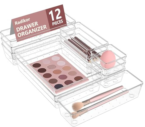 Radikor Schubladen Organizer, 12 Stücke Schminktisch Organizer in 4 Größen, Drawer Organizer, Make Up Organizer, Schubladen Ordnungssystem für Schreibtisch, Büro, Küchen, Bad