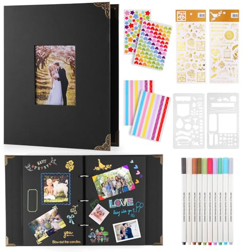 DazSpirit Ringbuch Fotobuch, Fotoalbum Zum Selbstgestalten Schwarz Album Aus Karton, Für 160 Bilder,Scrapbook Mit 60 Seiten,Inkl.10 Metallic Farbmarker,Gästebuch Für Geburtstag Und Hochzeit