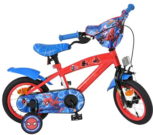 Volare Kinderfahrrad 12, 14, 16 Zoll für Mädchen und Jungen 3–6 Jahre – Offiziell Lizenziert mit Charaktermotiv – Stützräder, Rücktrittbremse und Handbremse (Spider-Man, 14 Zoll)