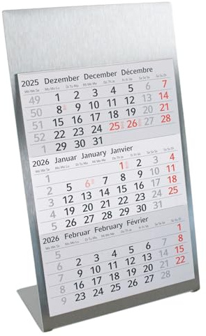 Timr Tischkalender zum Aufstellen aus Edelstahl I für 2 Jahre 2026/2027 I 3-Monats-Kalender Block Magnet I mehrsprachig D/GB/F I Silber matt klein I tr093