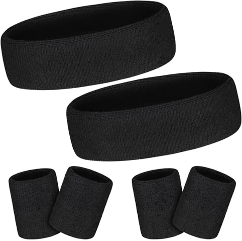 Newofview Schweißband Set,Schwarz Sport Schweißbänder mit 4 Schweißband Handgelenk 2 Stirnband für Fitness Fußball Tennis Gymnastik Basketball, Damen Herren