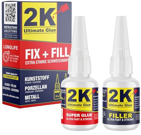 2K ultimate glue FIX + FILL Kleber extra stark für Kunststoff Gummi Stein Keramik Sekundenkleber/Superkleber - Kunststoff Reparaturset Super glue 2 komponenten Kleber Industriekleber (1 Set)