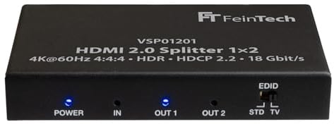 FeinTech VSP01201 HDMI 2.0 Splitter 1 auf 2 Verteiler Ultra-HD 4K@60Hz YUV 4:4:4 HDR HDCP 2.2 EDID 18 Gbps