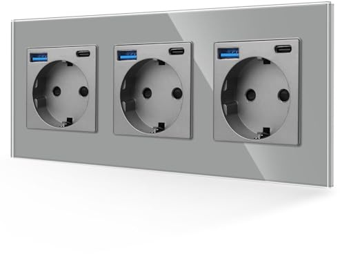 JIMEIDA Dreifachsteckdose USB-A&C, Glas grau, 16A, 228x86mm | Steckdose, USB (A+C) 2,1A, 16A, Glas Panel, Kindersicherung, Feuerfest, Unterputz, 228x86mm, grau