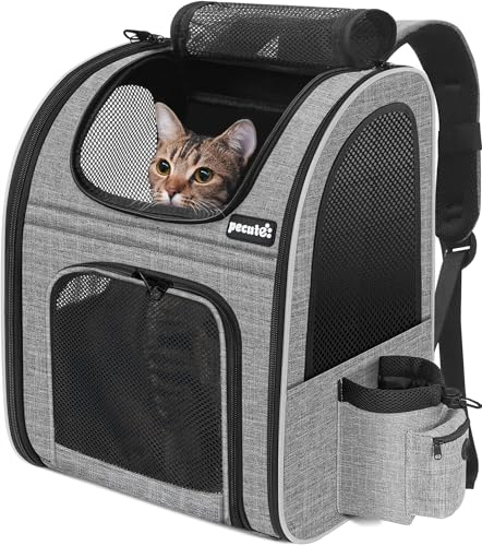 Pecute Haustier Rucksack mit Netzfenster, Tragbare und Faltbare Katzentasche, Atmungsaktive und Leichte Hundetasche, Wasserdichtes Oxford-Tuch mit viel Platz, Multifunktionales Rutschfestes Grau 6kg