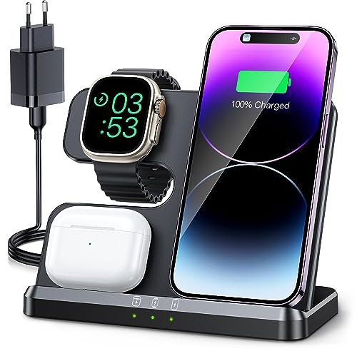JARGOU 3 in 1 Kabellose Ladestation für Apple, Induktive Ladestation für iPhone 17 Pro Max 16 15 14-8, Wireless Charger für Apple Watch 11/Ultra 3/10/9/8/7/6 & AirPods Pro 4 3 2 - Ohne Kabelchaos