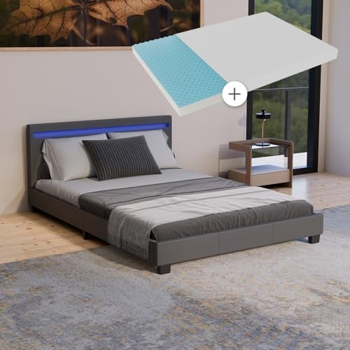 Juskys Polsterbett Paris 140x200 cm mit LED Beleuchtung, Matratze, Lattenrost & Kopfteil - Kunstleder & Holz - grau - Bett Jugendbett Bettgestell