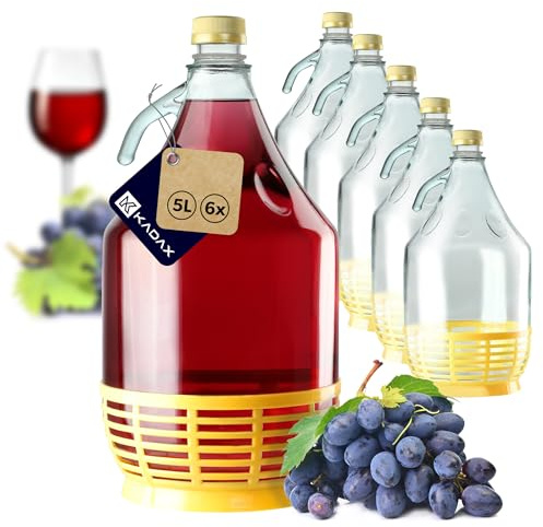 KADAX 6er Set Weinballon 5L, Glasballon für Wein, Weinfass aus Glas, Gärballon, Fass für Wein aus Glas, Bügelflasche mit Korb, Gärbehälter für Wein, Glasgärballon