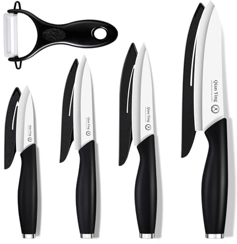 Qianying Keramikmesser Set Scharfe Keramik Messer: Schneidemesser Set 5-Teilig Klein Küchenmesser Obstmesser Schneidemesser Gemüsemesser Schälmesser Universalmesser Küche Schwartz Geschenke für Mama