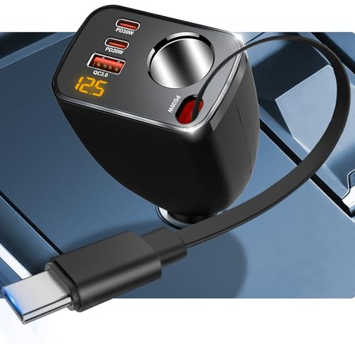 5-in-1 Kfz 12V Verteiler mit USB C Versteckt Ladekabel: 200W Adapter Zigarettenanzünder Auto Ladegerät Mehrfach Steckdose Netzteil DC 12 V Volt Stecker Splitter für iPhone Handy GPS DashCam Navi