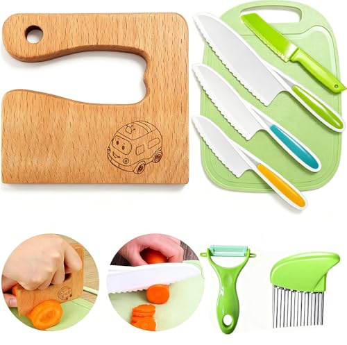 Goodchef Kindermesser, 8-teiliges Montessori Spielzeugmesser Set | Kinder Schneideset,BPA-frei, sicheres Lernmesser mit Kochmesser und Holzmesser, Geschenk für Kinder(Auto)