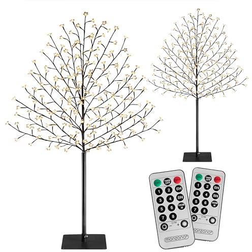MONZANA Kirschblütenbaum 2er Set 180 cm je 200 LED Warmweiß Lichterbaum | Künstlicher Dekobaum für Indoor & Outdoor, 2er Set Weihnachtsdeko, 8 Modi, Dimmer, Timer, Fernbedienung, IP44, 5 m Kabel