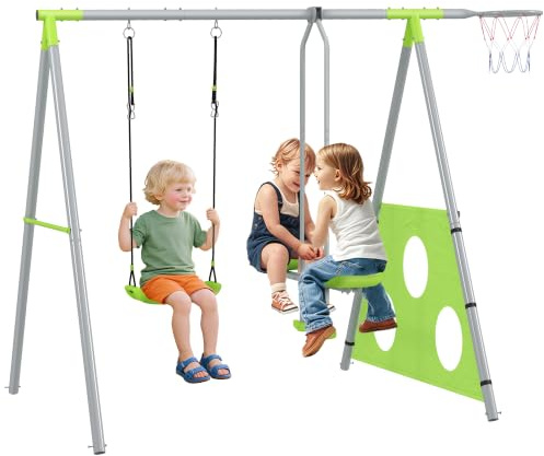 AIYAPLAY 4 in 1 Schaukelgestell Outdoor Schaukelgerüst mit Schaukel, 2-Personen-Gleitbahn, Fußballtor, Basketballkorb, Gartenschaukel Kinderschaukel mit Metallgestell für Kinder