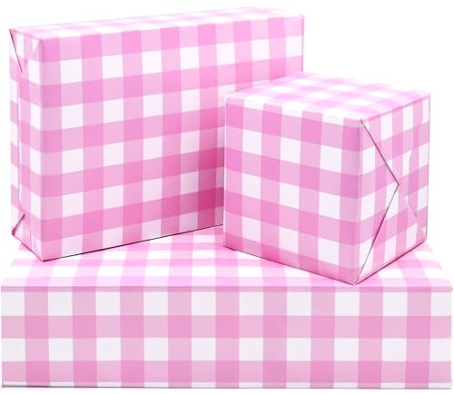 Geschenkpapierbögen, 50 x 70 cm, rosa und weiß, kariert, für Geburtstag, Urlaub, Hochzeit, Babyparty (5 Blatt)