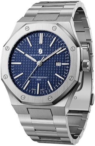 SAPPHERO Uhren Herren 30M wasserdichte Armbanduhr Herren Edelstahl Achteckig Herrenuhr Silber Quarz Japanische Uhrwerke Business Casual Leuchtende Uhr mit Date