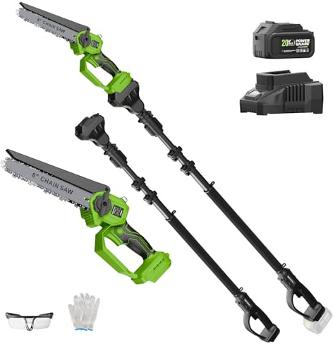 NovorikX 2-in-1 Akku Hochentaster & Kettensäge 20V - Bürstenloser Motor 8 Zoll Astsäge mit 3m Teleskopstiel, 3Ah Akku, Arbeitshöhe bis 4,57m, Teleskop-Kettensäge Set inkl. Schutzausrüstung