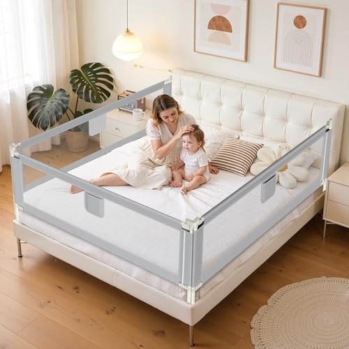 Tubiaz Bettgitter Rausfallschutz 2X 200cm+1x 180cm, Kinderbettgitter Höhenverstellbar 64-96cm, Bettschutzgitter für Kleinkinder, Babybettgitter mit Luftiges Netz -Grau