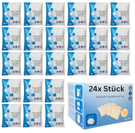 Luftentfeuchter Nachfüllpack 24 x 400g Entfeuchter Granulat für Raumentfeuchter und Luftentfeuchter Box Nachfüllpacks gegen Feuchtigkeit & Gerüche für Bad, Keller, Wohnmobil & HLKauf-Block