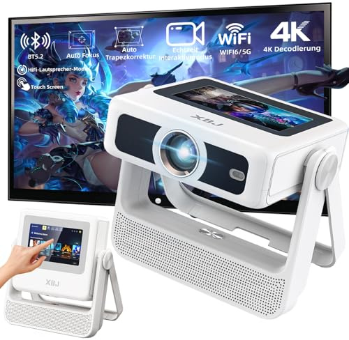 XBJ Touchscreen Smart Beamer Integrierte Apps, A5pro Tragbarer Projektor 4K Unterstützt 1080P, WLAN 6 und Bluetooth, Autofokus ＆ Trapezkorrektur, Portable Projector für Handy (A5pro-Weiß)