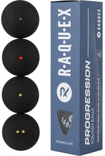Raquex Progression Squashbälle – 4 gemischte Bälle – 4 Geschwindigkeiten pro Box – roter Punkt, Blauer Punkt, gelber Punkt, doppelter gelber Punkt, Wettbewerb genehmigt von World Squash Federation