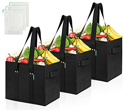 COTTARA® große Einkaufstasche faltbar 3er Pack – inkl Obstnetz, Schwarz | 3x stabiler großer Einkaufskorb faltbar mit verstärktem Boden – Ideale Einkaufstaschen für Einkaufswagen & Kofferraum – 80 L