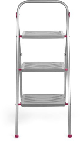 Kleeneze zusammenklappbare 3-stufige Trittleiter, leichte Klappleiter für Heimwerker, sicheres Arbeiten, rutschfeste Trittstufen, robuster Stahl, Sicherheitsclip, 105 cm, rosa/grau, Tragkraft 150 kg