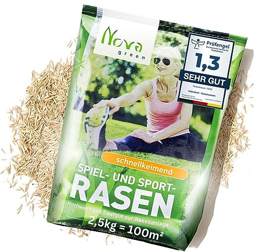 Premium Rasensamen schnellkeimend 2,5kg = 75-100m² | Frühjahr Sport und Spiel Rasen - SEHR GUT getestet - Grassamen trockenresistent | Ideal für Rasensaat und Nachsaat