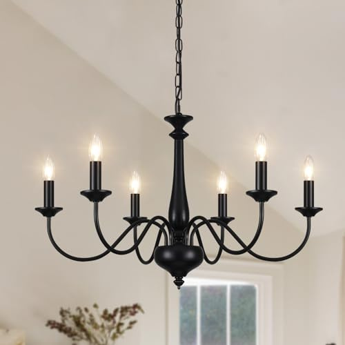 QAREHL Kronleuchter Vintage Beckenleuchte Schwarz, 6 Flammig Hängelampe Wohnzimmer mit E14 Fassung, Kronleuchter Schwarz für Schlafzimmer, Küche, Flur
