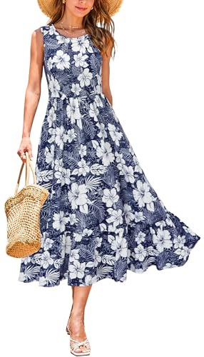 STYLEWORD Sommerkleid Damen Lang Blumen Midikleider A Linie Swing Sommer Kleider mit Taschen