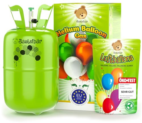 Helium Gasflasche + 100 Luftballons ÖKO-TEST SEHR GUT • garantierte 420l Ballongas ✓ für ca. 50 Ballons ✓ MADE IN EU ✓ Helium Balloon Gas • praktisches Füllsystem für Party, Hochzeit, Geburtstag