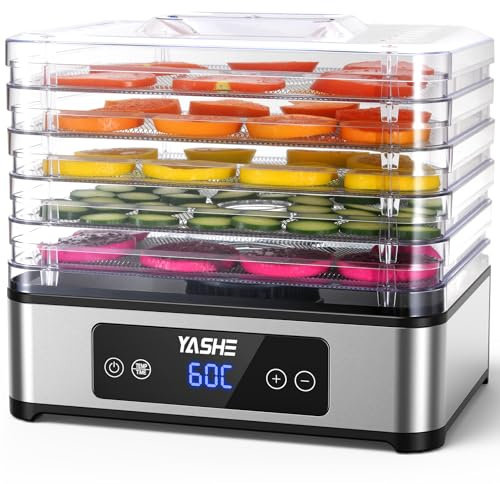 YASHE Dörrautomat, 5 Edelstahl-Dörrgitter, Einstellbarer Timer & Temperatur, 360° Luftzirkulation, BPA-frei, 400W Dörrgerät für Jerky, Früchte, Kräuter, Hundesnacks