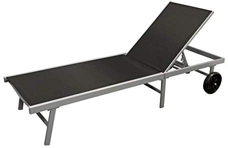 DEGAMO Gartenliege Rollenliege Ostia 200cm, Aluminium Silbergrau + Kunstgewebe schwarz wetterfest, Rückenteil 5-Fach verstellbar, Outdoor