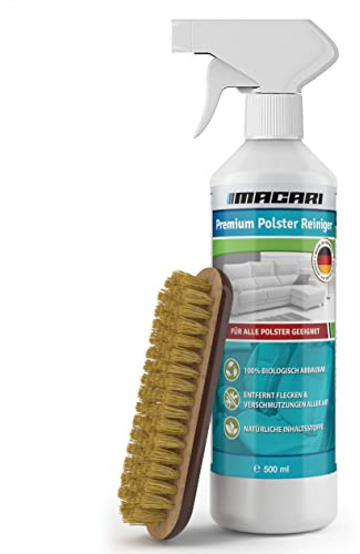 Macari 500 ml Premium Polsterreiniger Sofa & Auto. Nachhaltiger Sofa Reiniger, Couch, Matratzen, Teppich, Autositz und Textilreiniger inkl. Polsterbürste Alles in einem Set Made in Germany.
