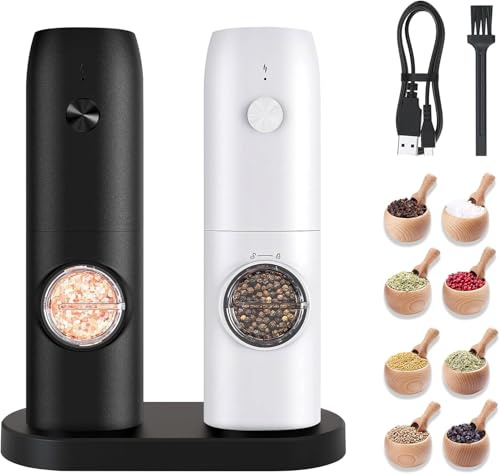 BGFOX Salz und Pfeffer Mühle Elektrisch 2er Set mit einstellbarem Keramik-Mahlwerk von grob bis fein, Gewürzmühlenset Automatisch mit Basis LED-Licht Type-c Reinigungspinsel (2 Stück) (Schwarz-Weiß)
